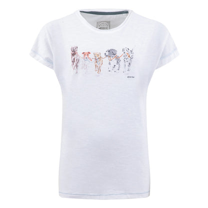Main front view of a womens Weird Fish short sleeve Take the Lead t-shirt in white with five dogs printed across the chest.
