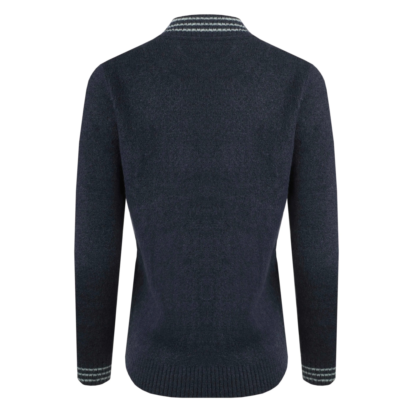 Back view of a womens Weird Fish navy knitted Dawkins jumper with striped collar on a white background