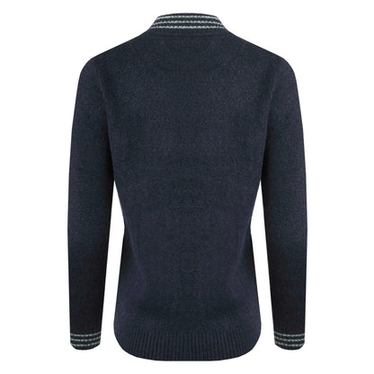 Back view of a womens Weird Fish navy knitted Dawkins jumper with striped collar on a white background