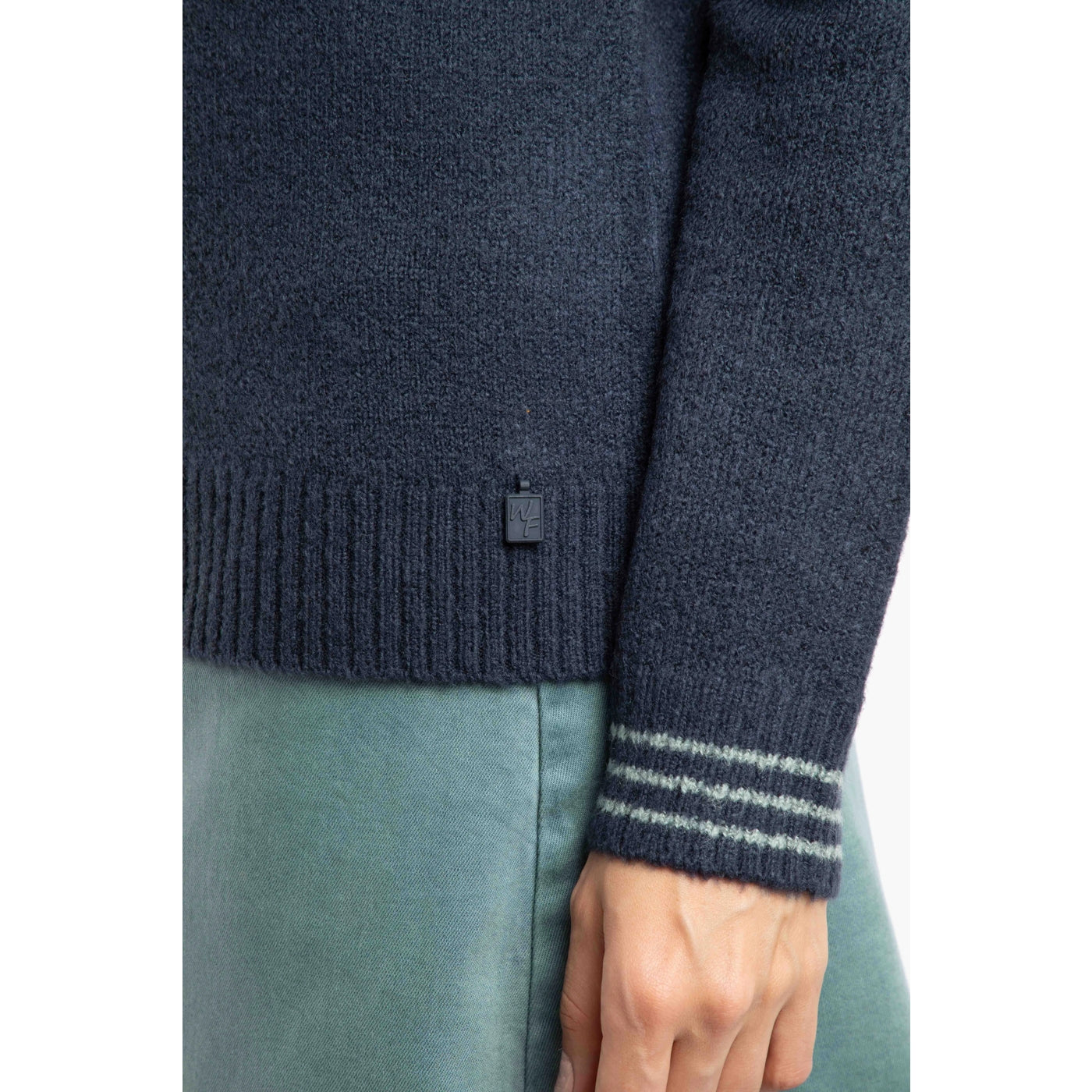 Navy womens Weird Fish Dawkins knitted jumper with striped cuff on a white background