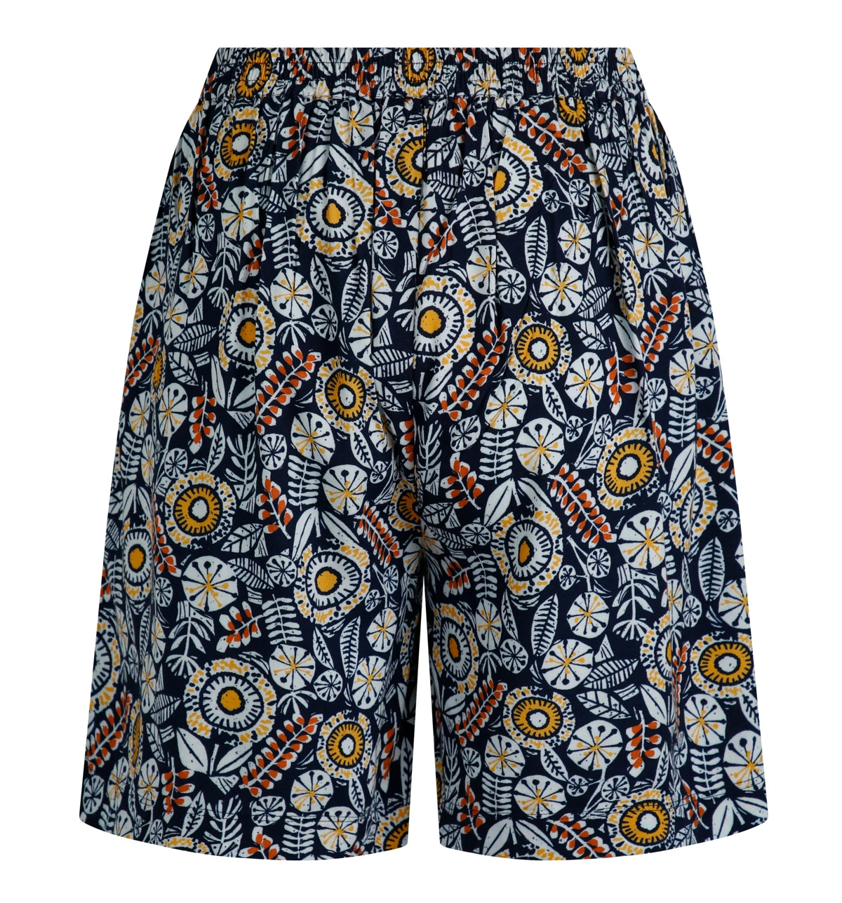 Weird Fish womens navy floral shorts with yellow and orange flower pattern and elastic waistband
