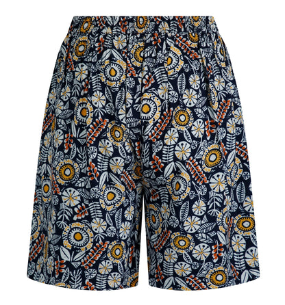 Weird Fish womens navy floral shorts with yellow and orange flower pattern and elastic waistband