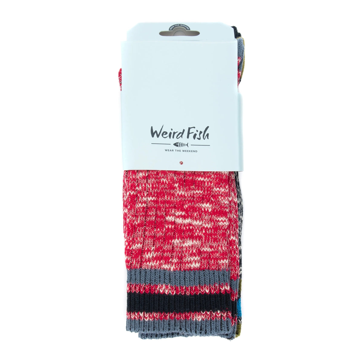 A pack of three pairs of women's Weird Fish Dilki ribbed boot socks in red and navy with a flecked fabric and top stripes.