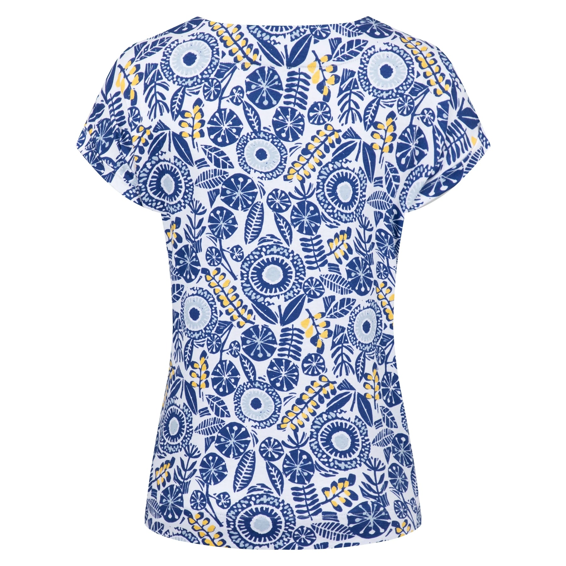 Back view of a short-sleeve womens Weird Fish Paw Paw t-shirt with a blue and yellow floral pattern on a white background