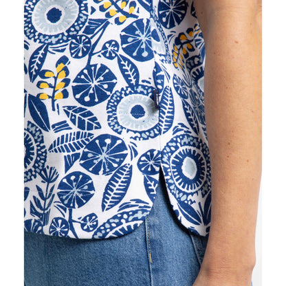 Close-up of a Weird Fish Paw Paw womens tee with blue and white floral pattern