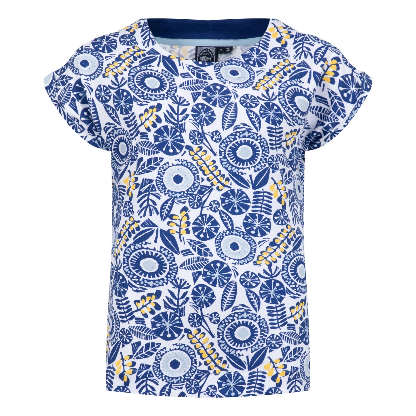 Front view of a womens Weird Fish short-sleeve t-shirt with blue and yellow floral pattern on a white background