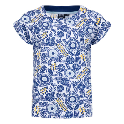 Front view of a womens Weird Fish short-sleeve t-shirt with blue and yellow floral pattern on a white background