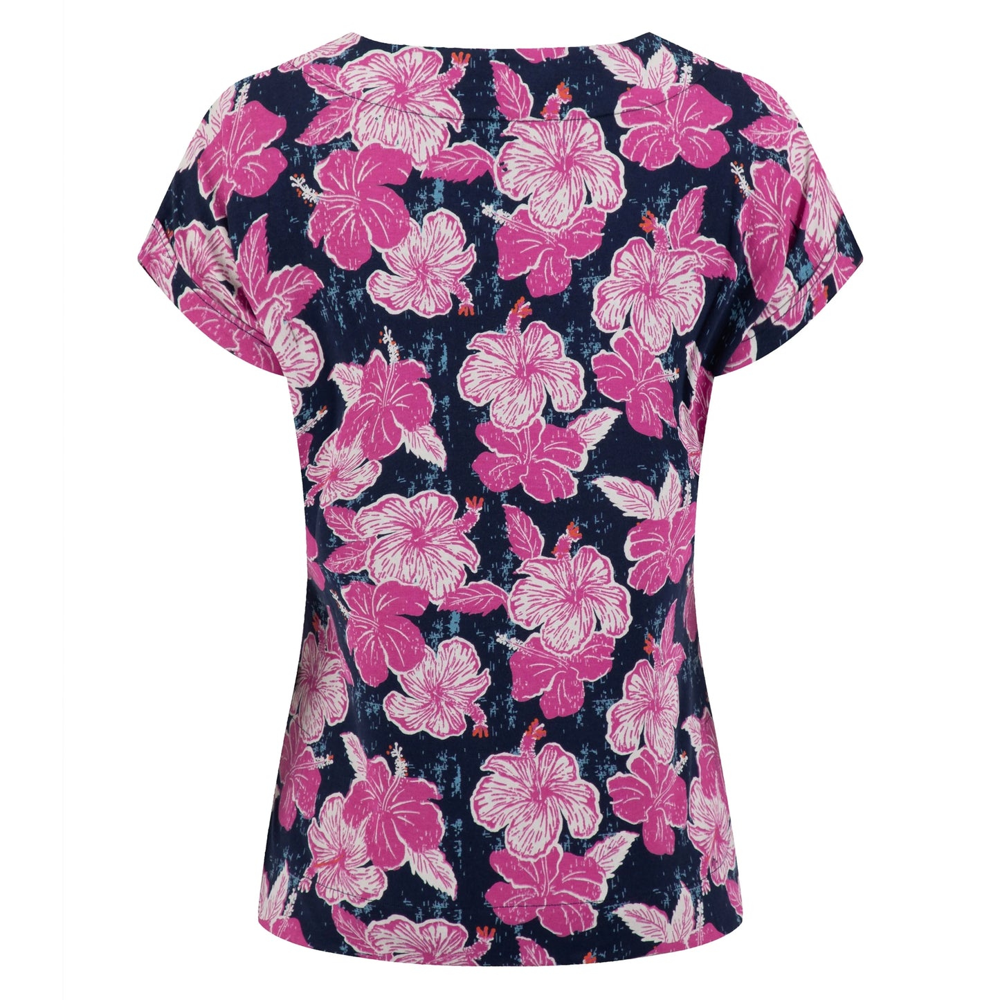 Back view of a womens Weird Fish Paw Paw t-shirt with short sleeves and a bright pink floral pattern on a white background