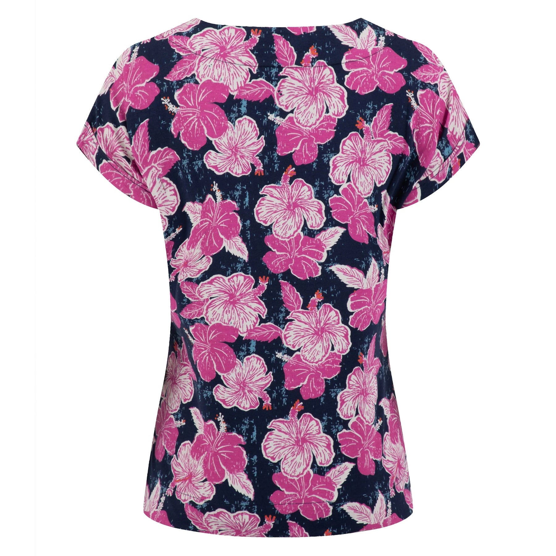 Back view of a womens Weird Fish Paw Paw t-shirt with short sleeves and a bright pink floral pattern on a white background