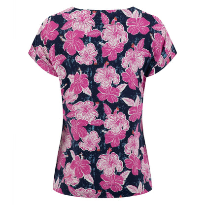 Back view of a womens Weird Fish Paw Paw t-shirt with short sleeves and a bright pink floral pattern on a white background