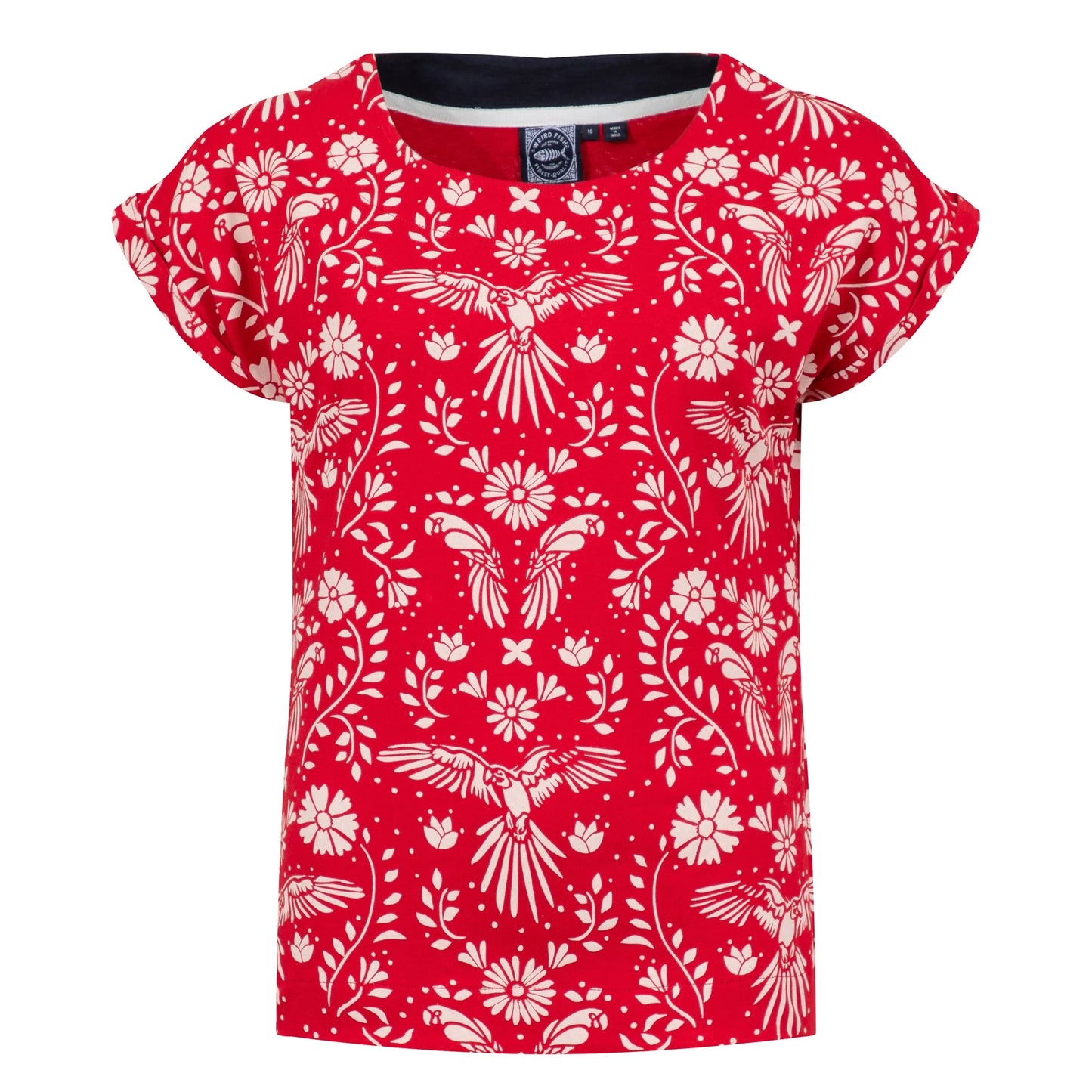 Front view of a womens Weird Fish short sleeve Paw Paw tee in Rich Red with a white floral and parrot print pattern on a white background