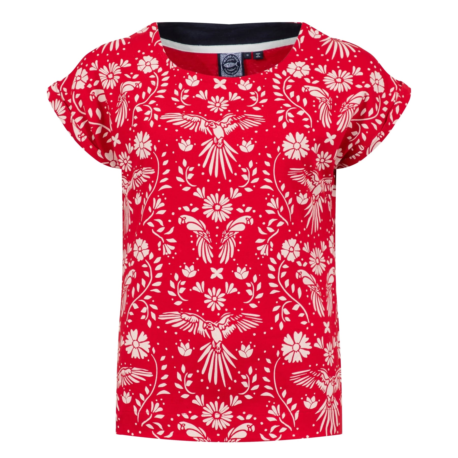 Front view of a womens Weird Fish short sleeve Paw Paw tee in Rich Red with a white floral and parrot print pattern on a white background