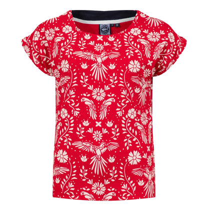 Front view of a womens Weird Fish short sleeve Paw Paw tee in Rich Red with a white floral and parrot print pattern on a white background