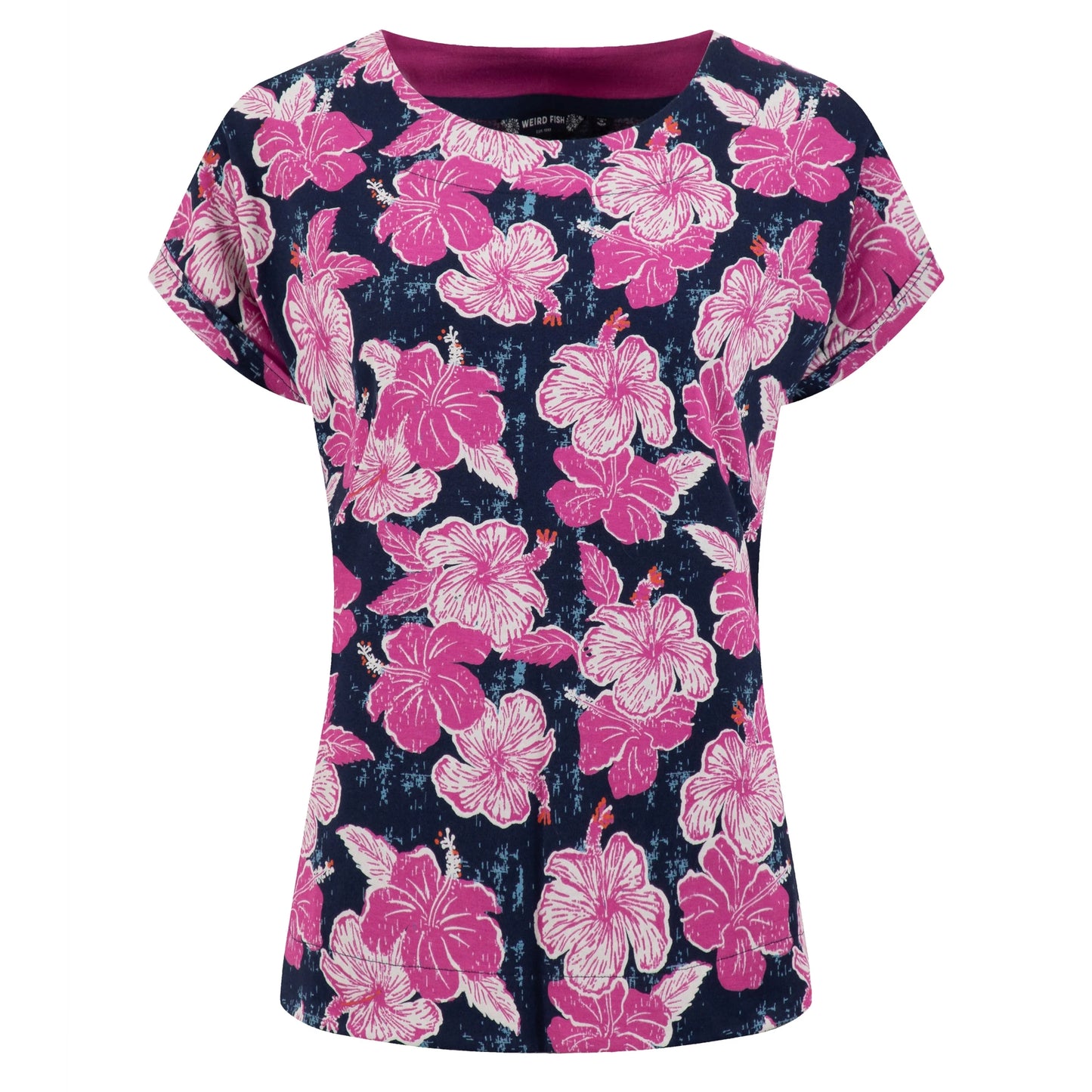 Front view of a womens Weird Fish short sleeve Paw Paw tee with a Fuchsia pink floral pattern on a white background