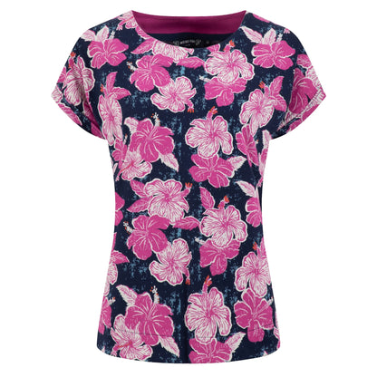 Front view of a womens Weird Fish short sleeve Paw Paw tee with a Fuchsia pink floral pattern on a white background