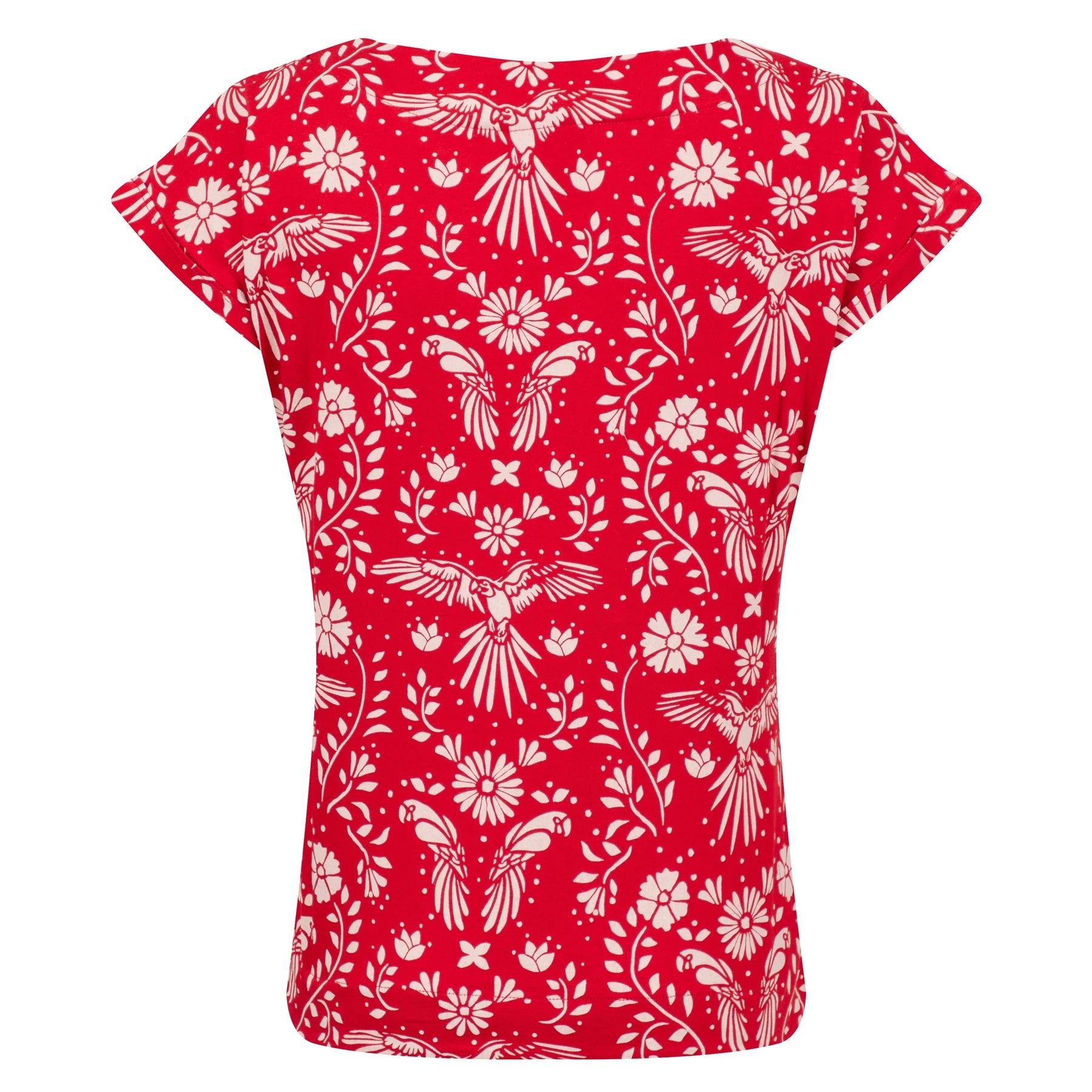 Back view of a womens Weird Fish short sleeve Paw Paw tee in Rich Red with a white floral and parrot pattern on a white background