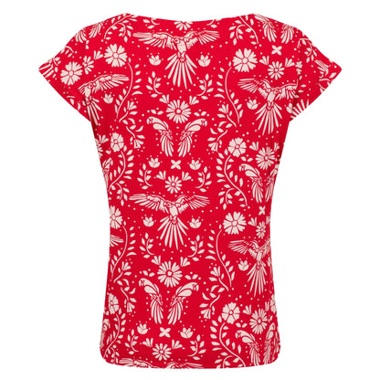 Back view of a womens Weird Fish short sleeve Paw Paw tee in Rich Red with a white floral and parrot pattern on a white background
