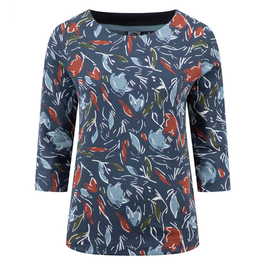 Weird Fish womens Pinto floral print navy, blue and red 3/4 sleeve t-shirt on a white background