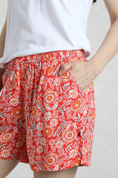 Weird Fish womens red floral shorts with elastic waistband and side pockets