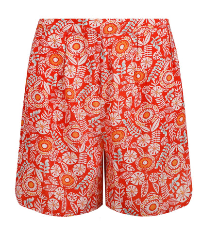 Weird Fish womens red floral shorts with vibrant orange and white flower print
