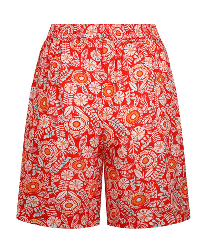 Weird Fish womens red floral shorts with vibrant flower print and elastic waistband
