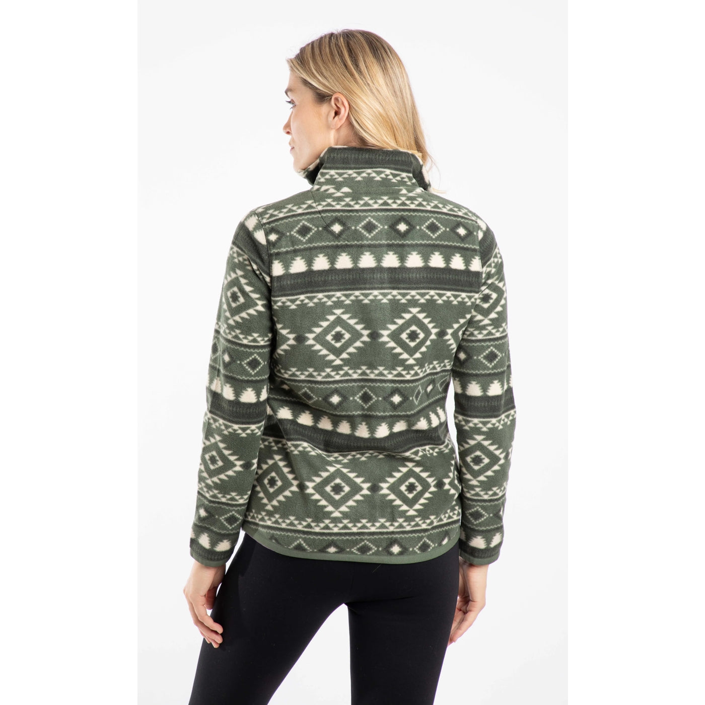 Back view of a woman wearing a Weird Fish full zip Rochelle fleece in Deep Lichen Green with an Aztec pattern.