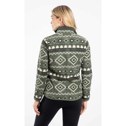 Back view of a woman wearing a Weird Fish full zip Rochelle fleece in Deep Lichen Green with an Aztec pattern.