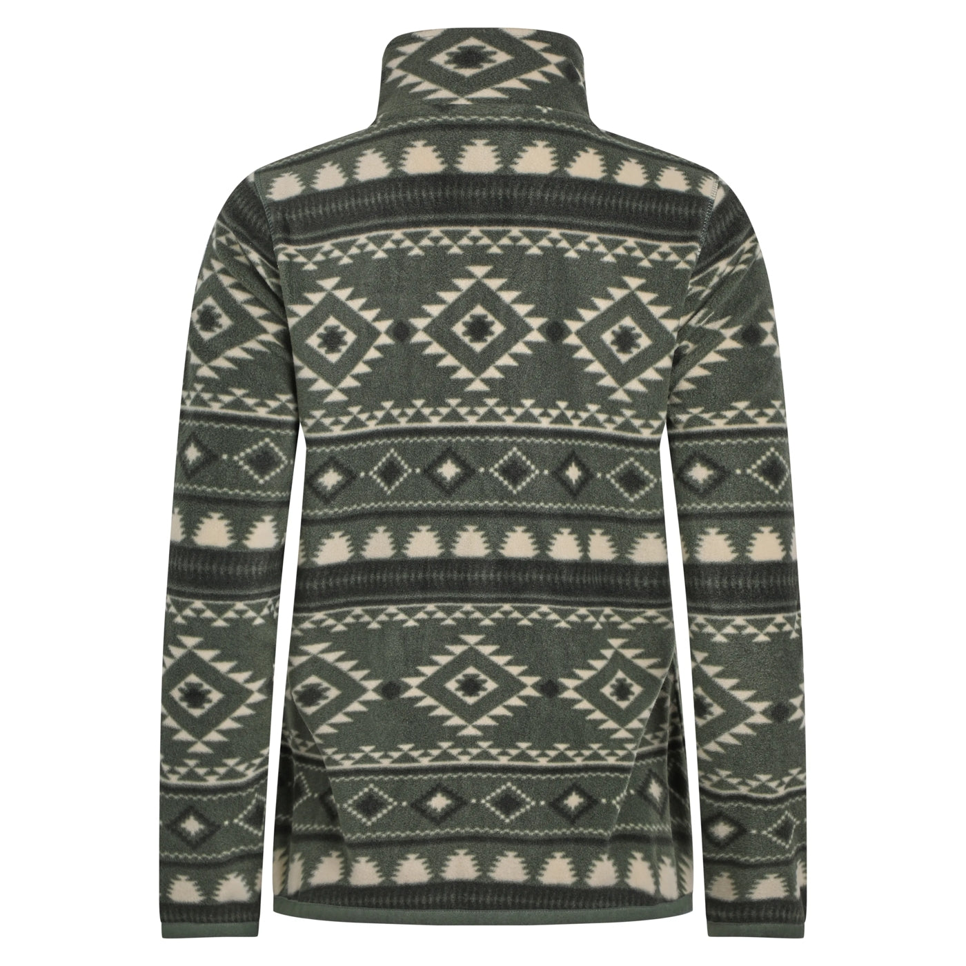 Back view of a women's Weird Fish full zip Rochelle fleece in Deep Lichen Green with an Aztec pattern.