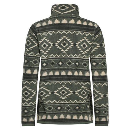 Back view of a women's Weird Fish full zip Rochelle fleece in Deep Lichen Green with an Aztec pattern.