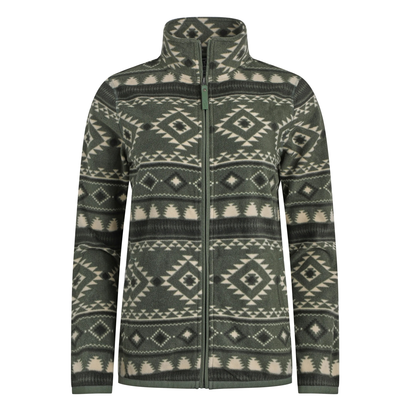 Front view of a women's Weird Fish full zip Rochelle fleece in Deep Lichen Green with an Aztec pattern.