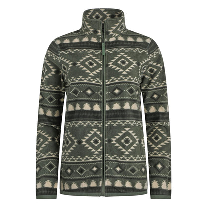 Front view of a women's Weird Fish full zip Rochelle fleece in Deep Lichen Green with an Aztec pattern.