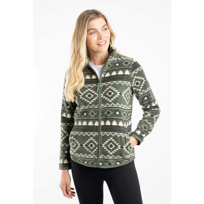 Front view of a woman wearing a Weird Fish full zip Rochelle fleece in Deep Lichen Green with an Aztec pattern.