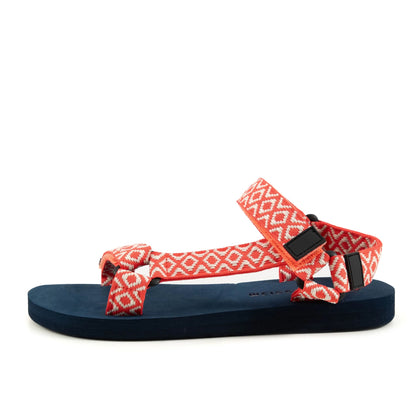 Main view of a womens Weird Fish Trek webbing velcro strap sandal in coral with an Aztec style pattern.
