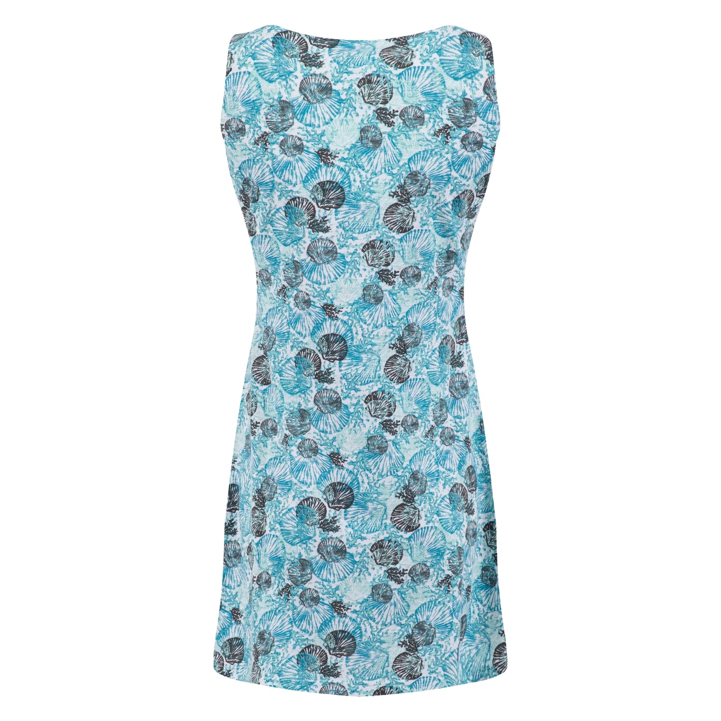 Back view of a Weird Fish Indus sleeveless tunic with an Ocean Blue shell print on a white background