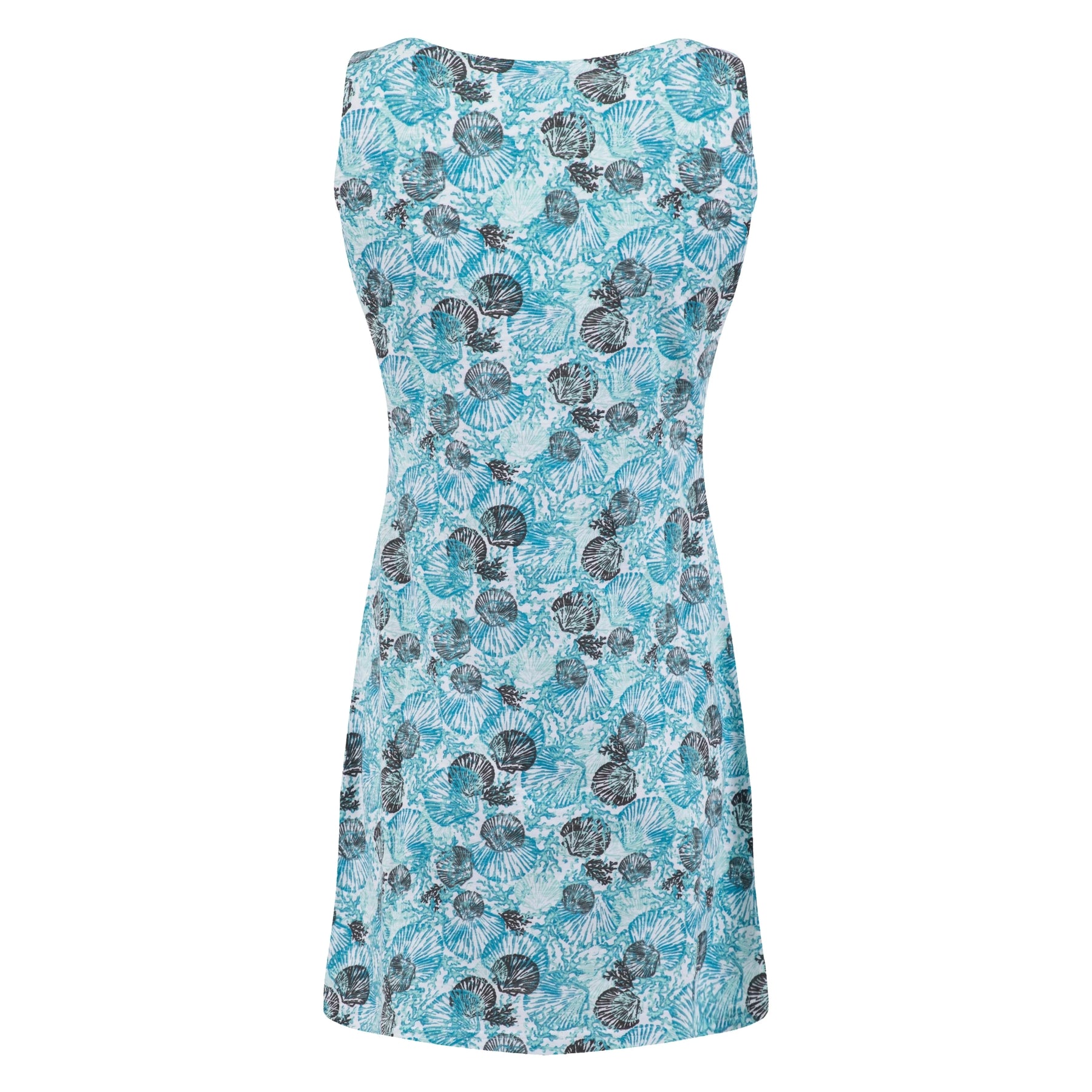 Back view of a Weird Fish Indus sleeveless tunic with an Ocean Blue shell print on a white background