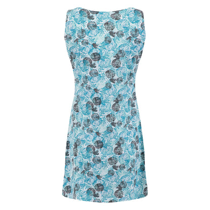 Back view of a Weird Fish Indus sleeveless tunic with an Ocean Blue shell print on a white background