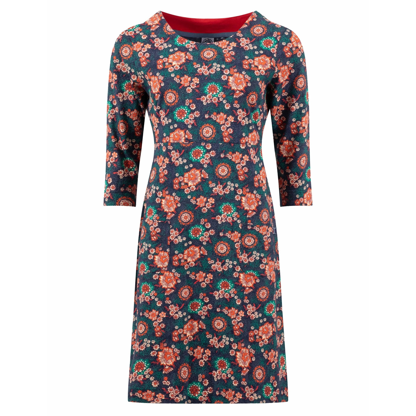 Weird Fish womens dark blue and coral floral patterned Starshine dress with 3/4 sleeves on a white background