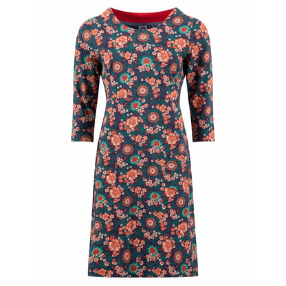 Weird Fish womens dark blue and coral floral patterned Starshine dress with 3/4 sleeves on a white background