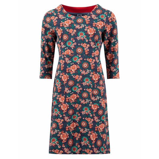 Weird Fish womens dark blue and coral floral patterned Starshine dress with 3/4 sleeves on a white background
