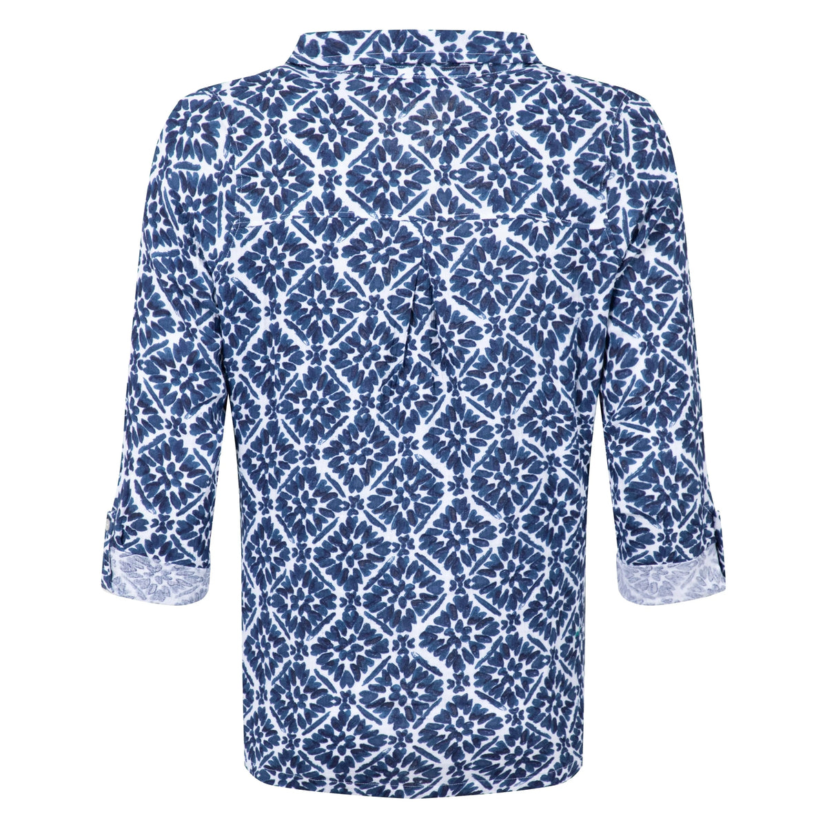 Back view of a Weird Fish womens Syona shirt in a blue and white tile print on a white background