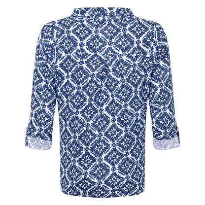 Back view of a Weird Fish womens Syona shirt in a blue and white tile print on a white background
