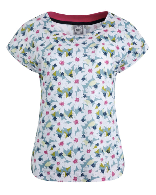 Weird Fish women's t-shirt with a vibrant floral pattern on a light blue background