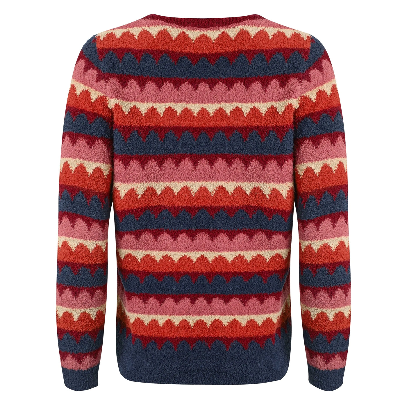 Back view of a Weird Fish womens Tyla Antique Cherry Red colourful scalloped striped jumper on a white background