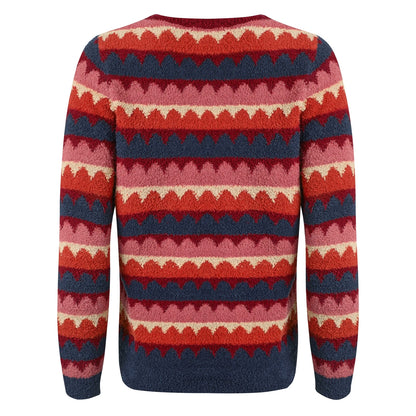 Back view of a Weird Fish womens Tyla Antique Cherry Red colourful scalloped striped jumper on a white background