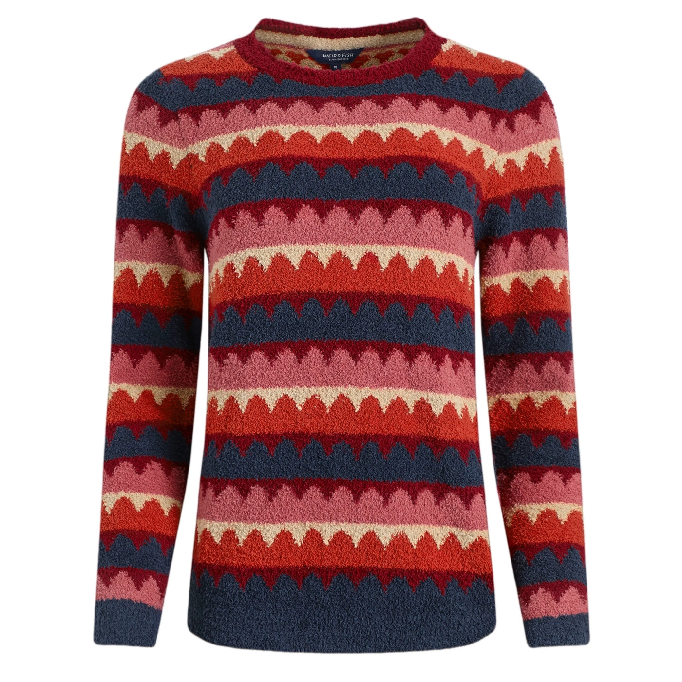 Front view of a Weird Fish womens Tyla Antique Cherry Red colourful scalloped striped jumper on a white background