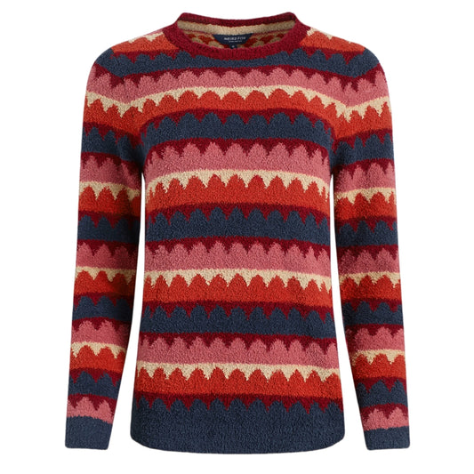 Front view of a Weird Fish womens Tyla Antique Cherry Red colourful scalloped striped jumper on a white background