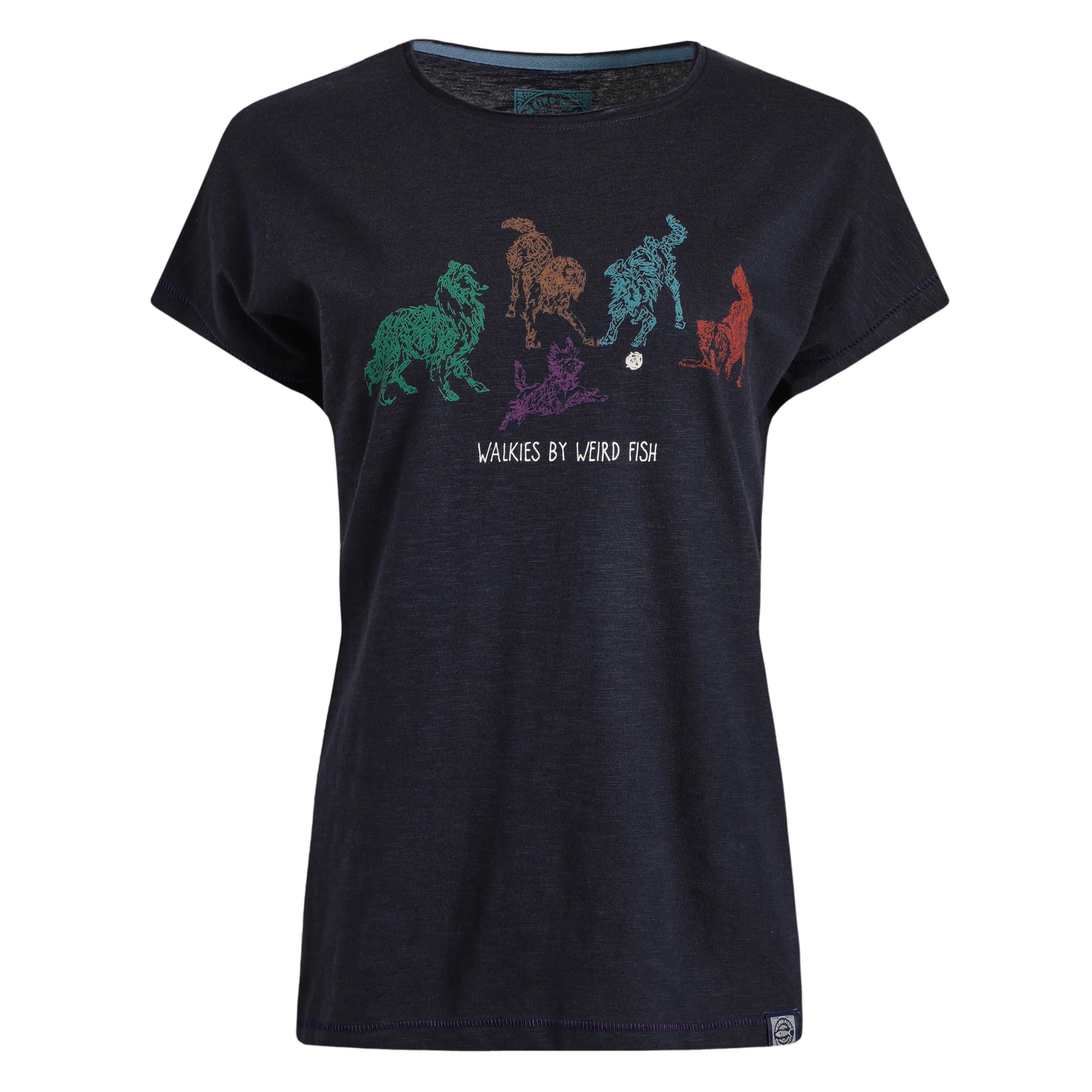 Navy t-shirt with colourful graphic design and 'Walkies by Weird Fish' text on a white background