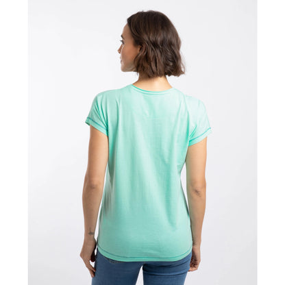 Back view of a woman wearing a Weird Fish mint short sleeve walking club t-shirt on a white background