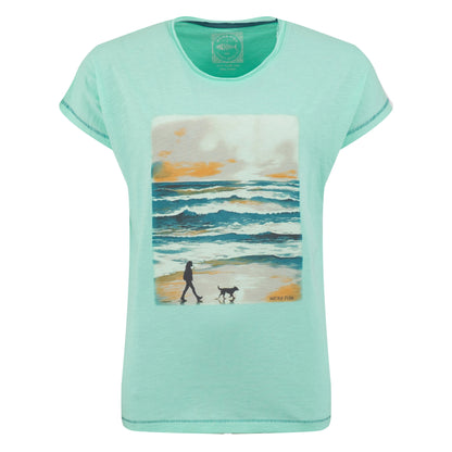 Front view of a womens Weird Fish Apple Mint green 'Walking Club' t-shirt with a beach scene print with dog walker on a white background