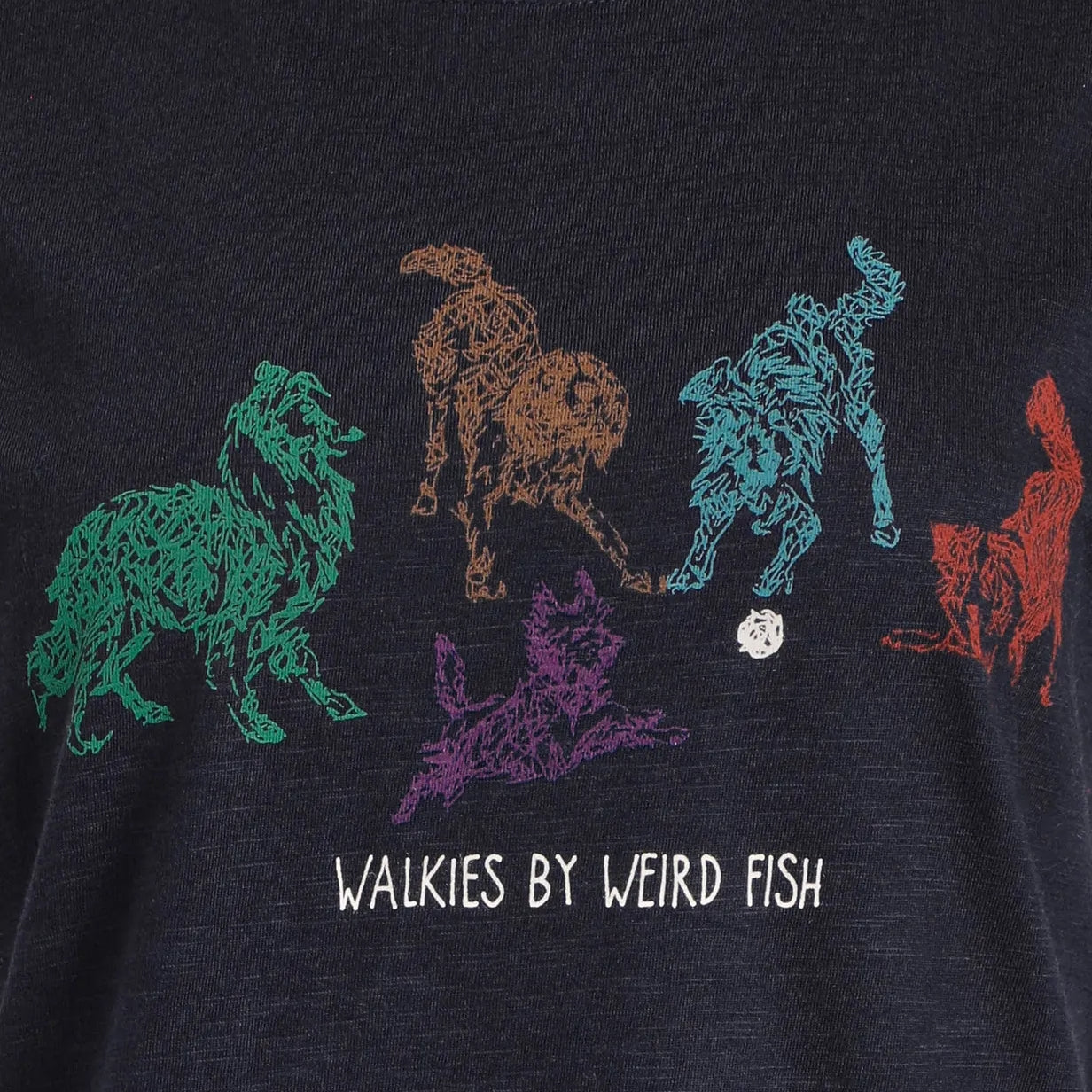 Navy blue t-shirt with colorful dog illustrations and 'Walkies by Weird Fish' text.